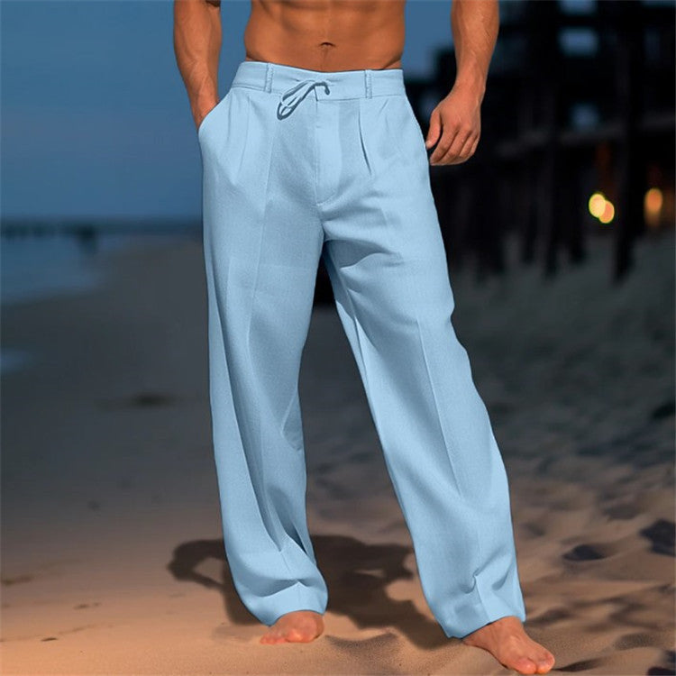 Casual men's pleated front trousers with a comfortable drawstring, ideal for everyday wear.