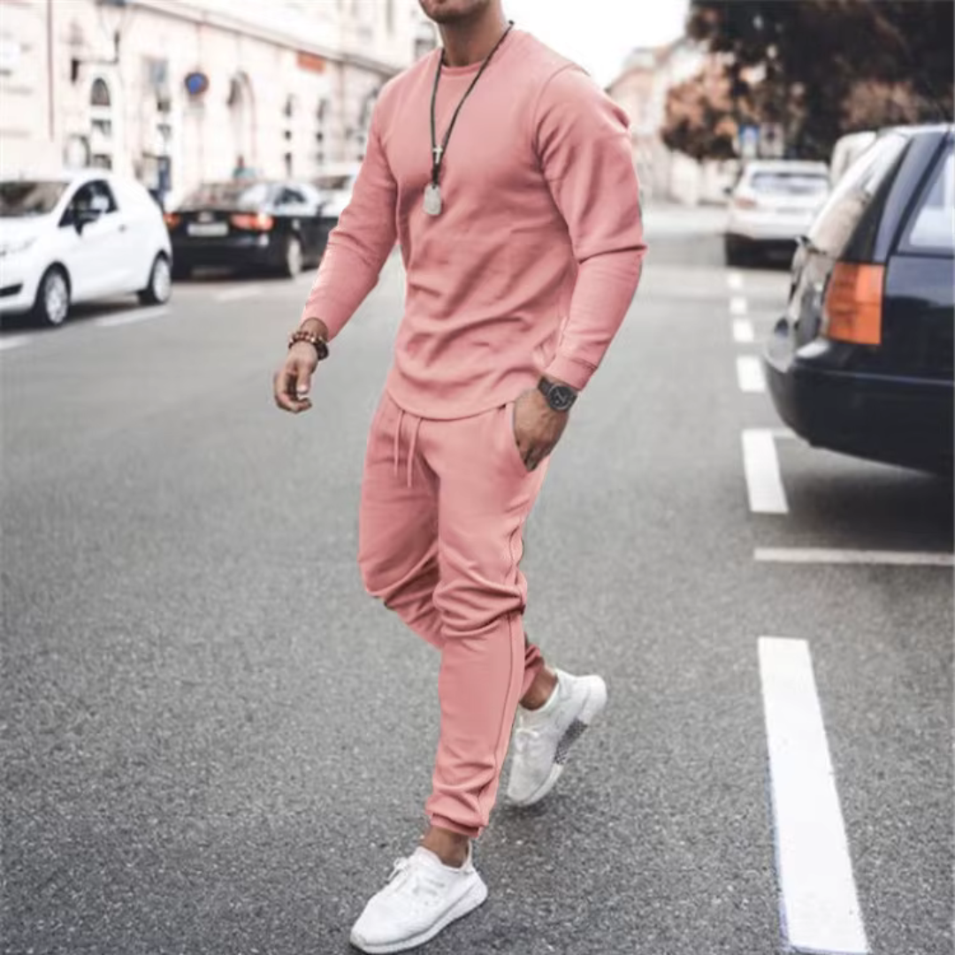 Men's relaxed fit two-piece casual set, cotton blend. Comfortable loungewear for everyday men's fashion.