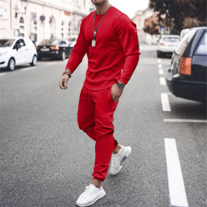 Versatile men's casual set, perfect for lounging or everyday outfit. Relaxed fit cotton blend two-piece.