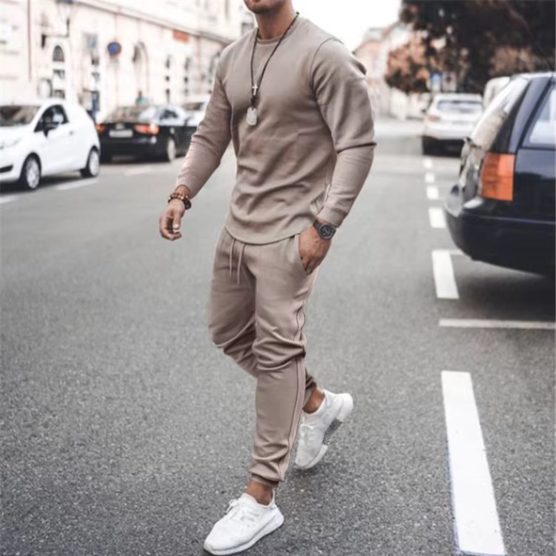 Stylish men's fashion two-piece set. Relaxed fit cotton blend for athletic casual comfort.