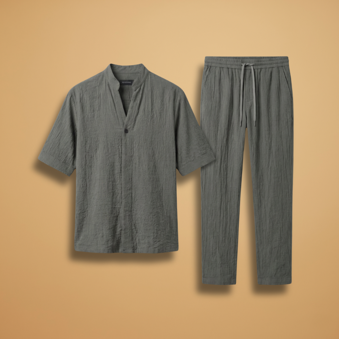 Men's relaxed fit two-piece set, long sleeve shirt & drawstring trousers, perfect for casual summer outfits.