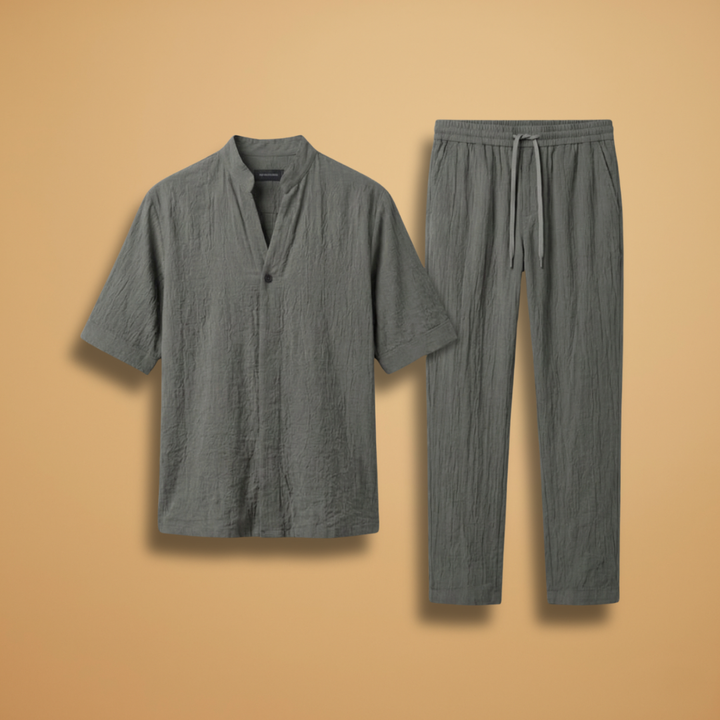 Men's relaxed fit two-piece set, long sleeve shirt & drawstring trousers, perfect for casual summer outfits.