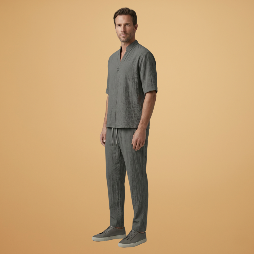 Stylish men's two-piece set featuring a relaxed long sleeve shirt and casual drawstring trousers.