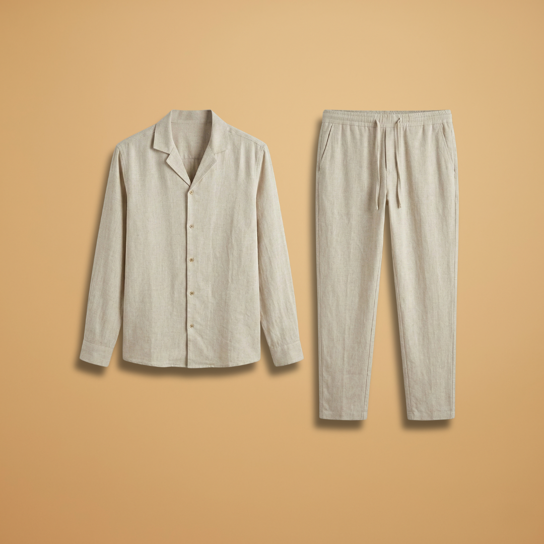 Men's relaxed fit two-piece shirt & trousers set, ideal for summer comfort & casual wear.