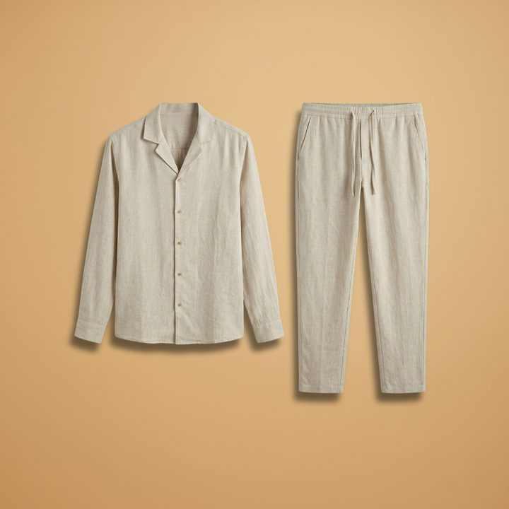 Men's relaxed fit two-piece shirt & trousers set, ideal for summer comfort & casual wear.
