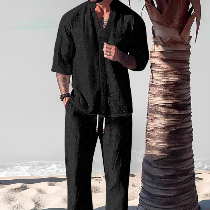 Men's relaxed fit two-piece shirt & trousers set, ideal for casual summer style, comfort wear & resort outfits.