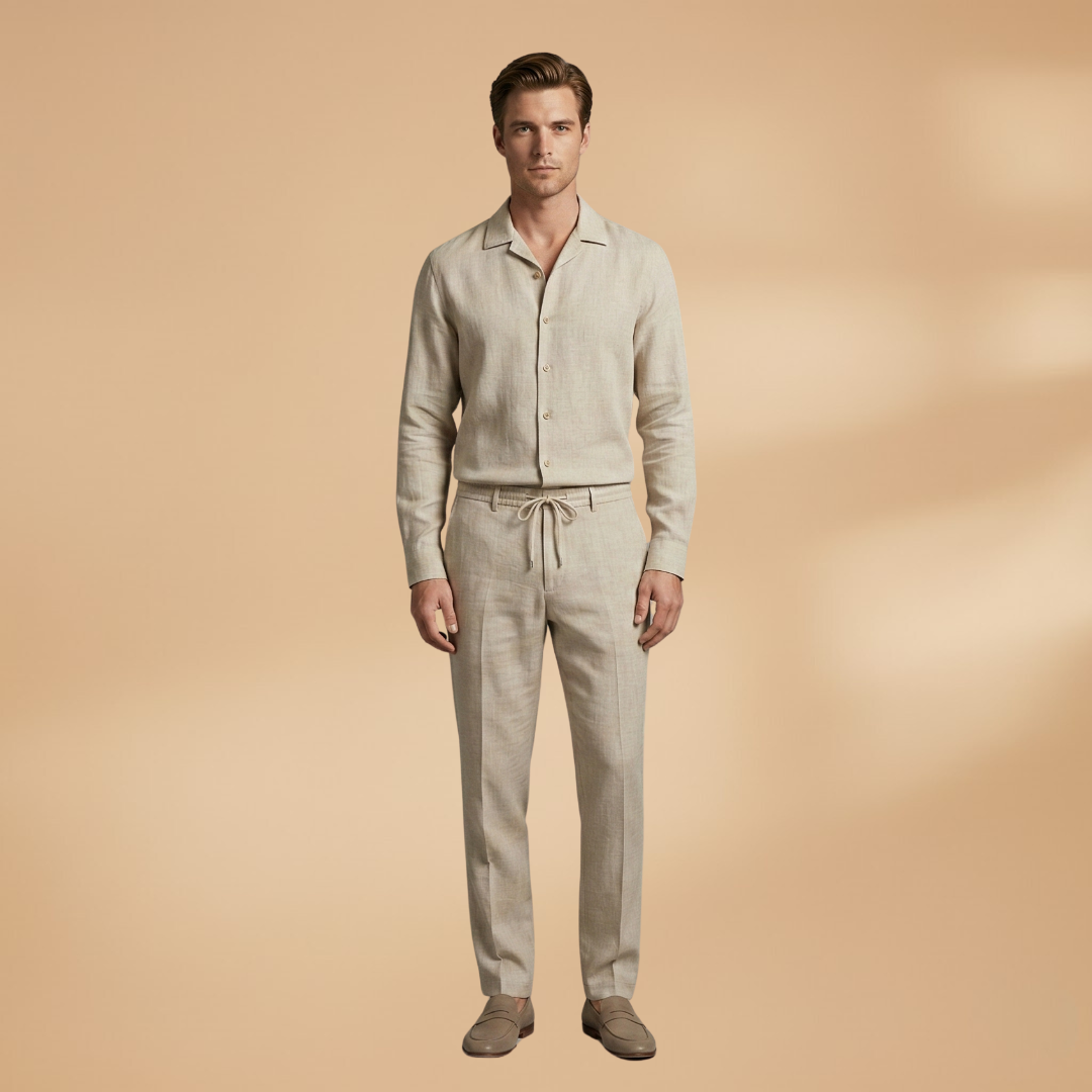 Casual men's long-sleeve shirt and matching relaxed fit trousers co-ord set, perfect for summer.