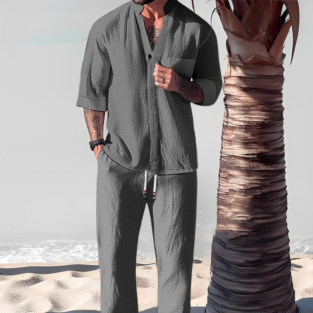 Stylish men's coordinated relaxed fit shirt and trousers set. Perfect versatile outfit for summer & holiday wear.