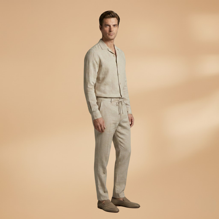 Comfortable men's minimalist two-piece set: relaxed fit long-sleeve shirt & matching summer trousers.