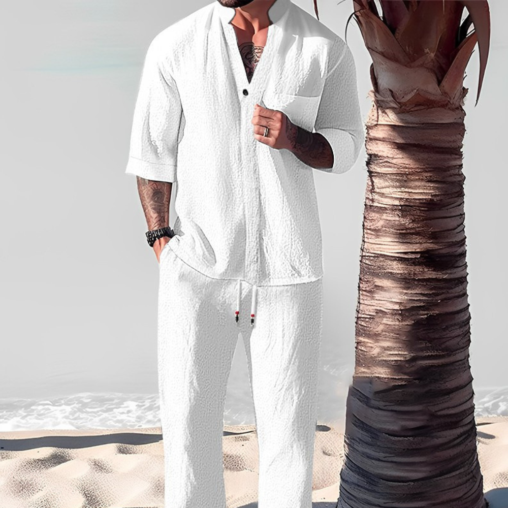 Comfortable men's relaxed fit two-piece set, featuring a casual shirt & matching trousers for summer & resort.