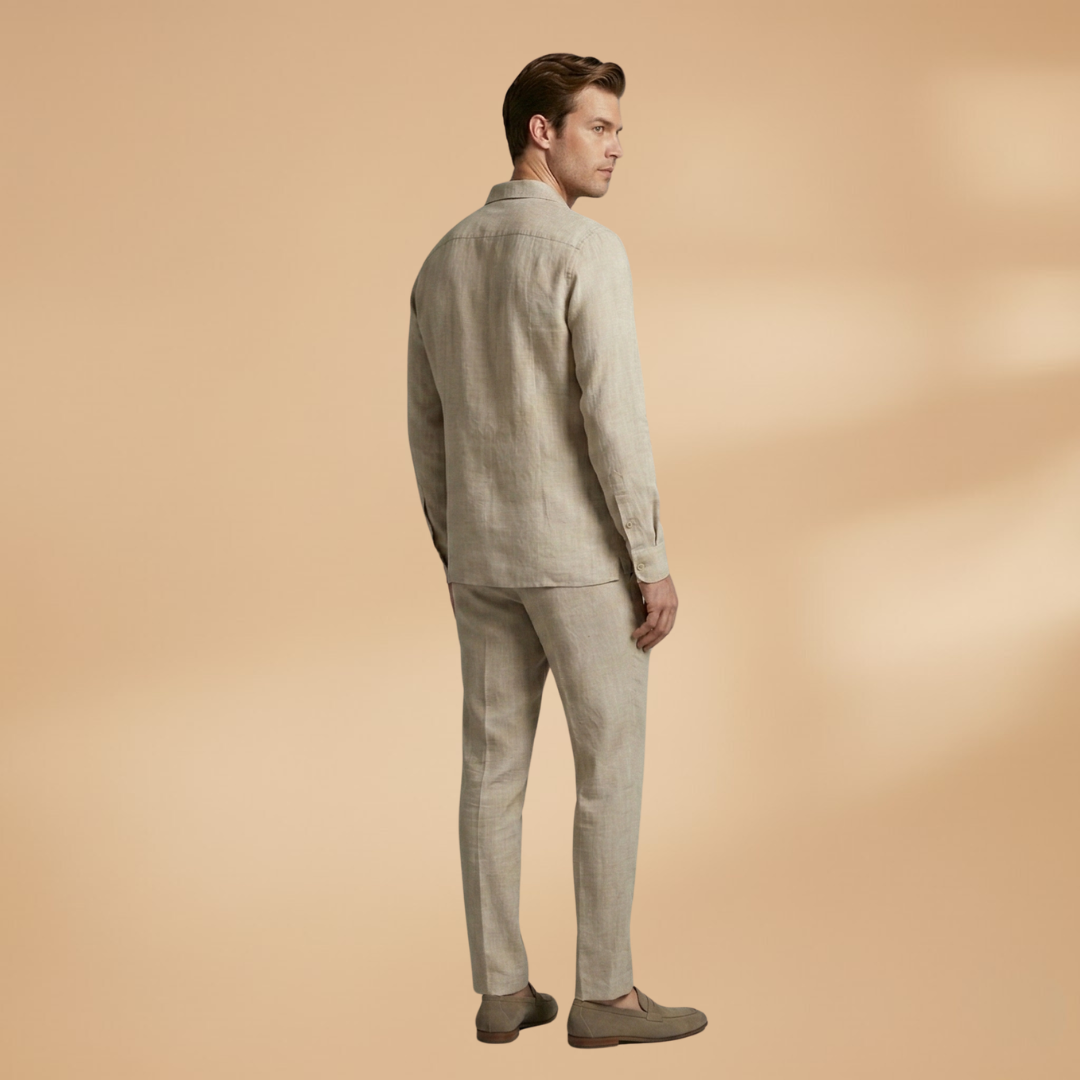 Smart casual men's co-ord set with a relaxed fit long-sleeve shirt and comfortable trousers for spring.