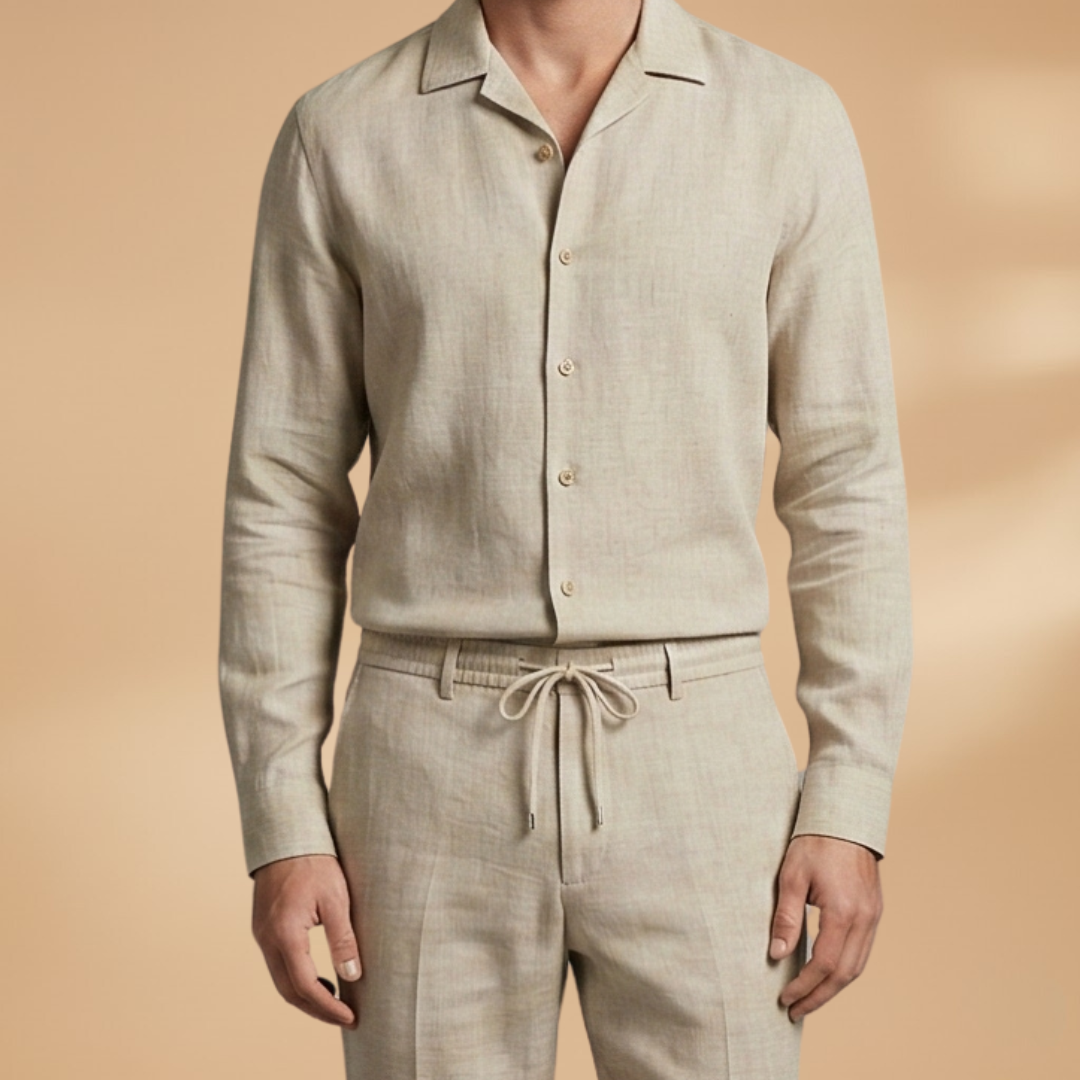 Men's relaxed fit summer two-piece outfit: long-sleeve shirt & comfortable matching trousers for men.