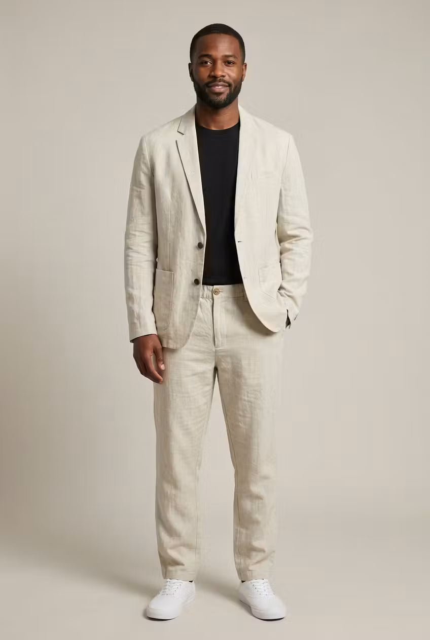 Men's relaxed fit two-piece suit with blazer and dress pants for smart casual or formal event wear.