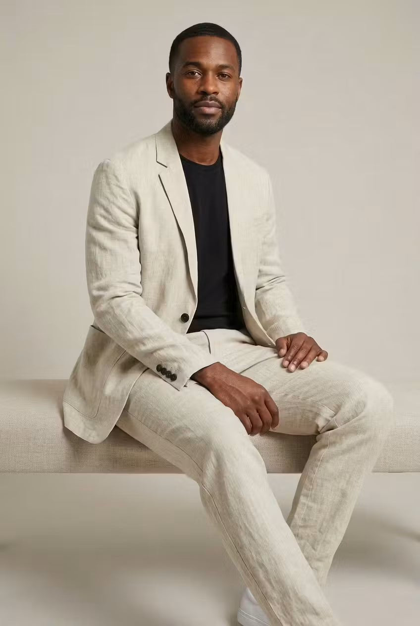 Effortless style men's two-piece suit, relaxed fit blazer & dress pants for comfortable spring/summer fashion.