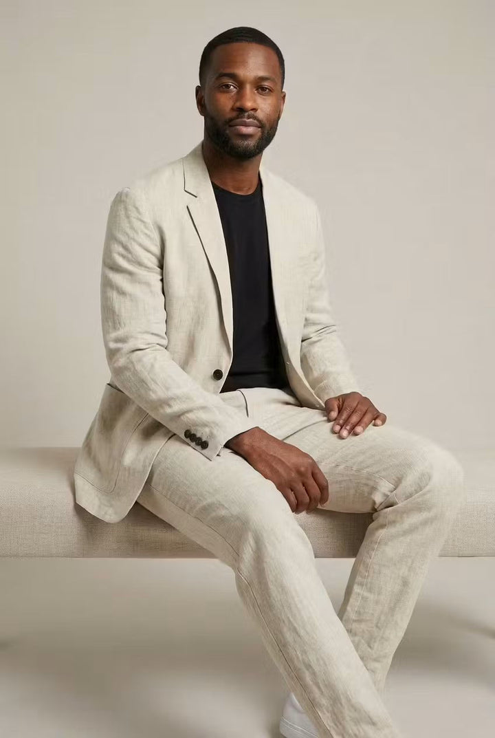 Effortless style men's two-piece suit, relaxed fit blazer & dress pants for comfortable spring/summer fashion.