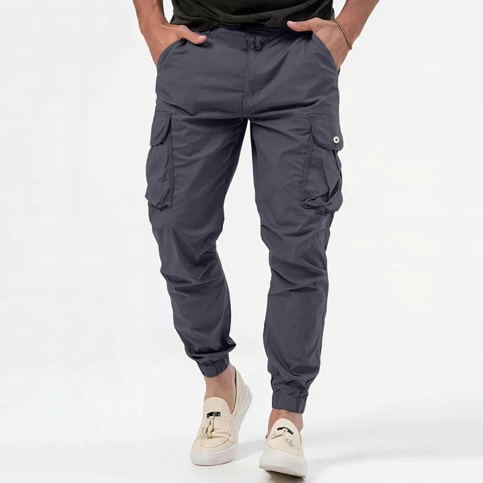 Men's relaxed fit utility cargo pants with drawstring waist, multi-pockets, and durable fabric for casual wear.