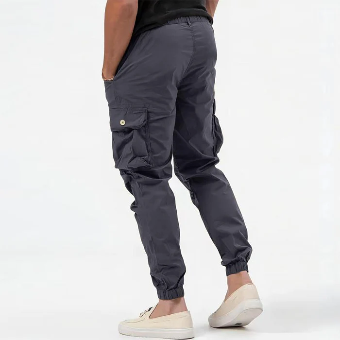 Comfortable men's drawstring cargo pants, perfect for outdoor activities or everyday casual wear; versatile and durable.