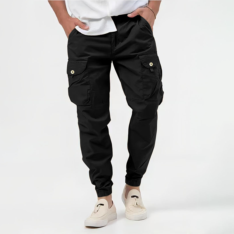 Durable men's cargo pants in a relaxed fit, featuring a comfortable drawstring waist and practical utility pockets.