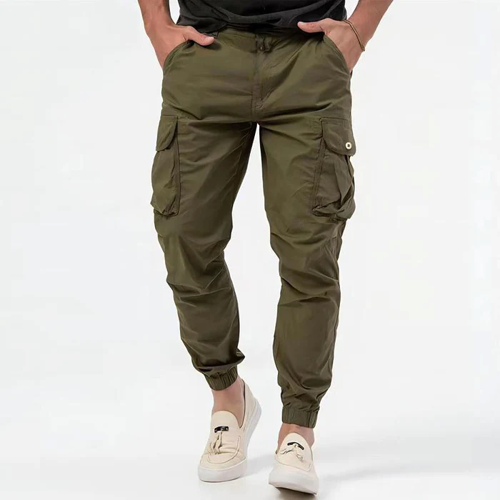Versatile men's utility cargo pants with a comfortable drawstring waist and multiple pockets for daily wear and work.