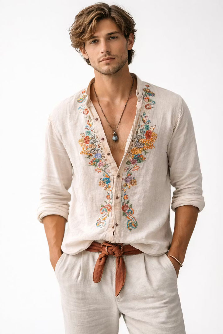Men's relaxed fit V-neck shirt with intricate floral embroidery, perfect for casual spring and summer fashion.