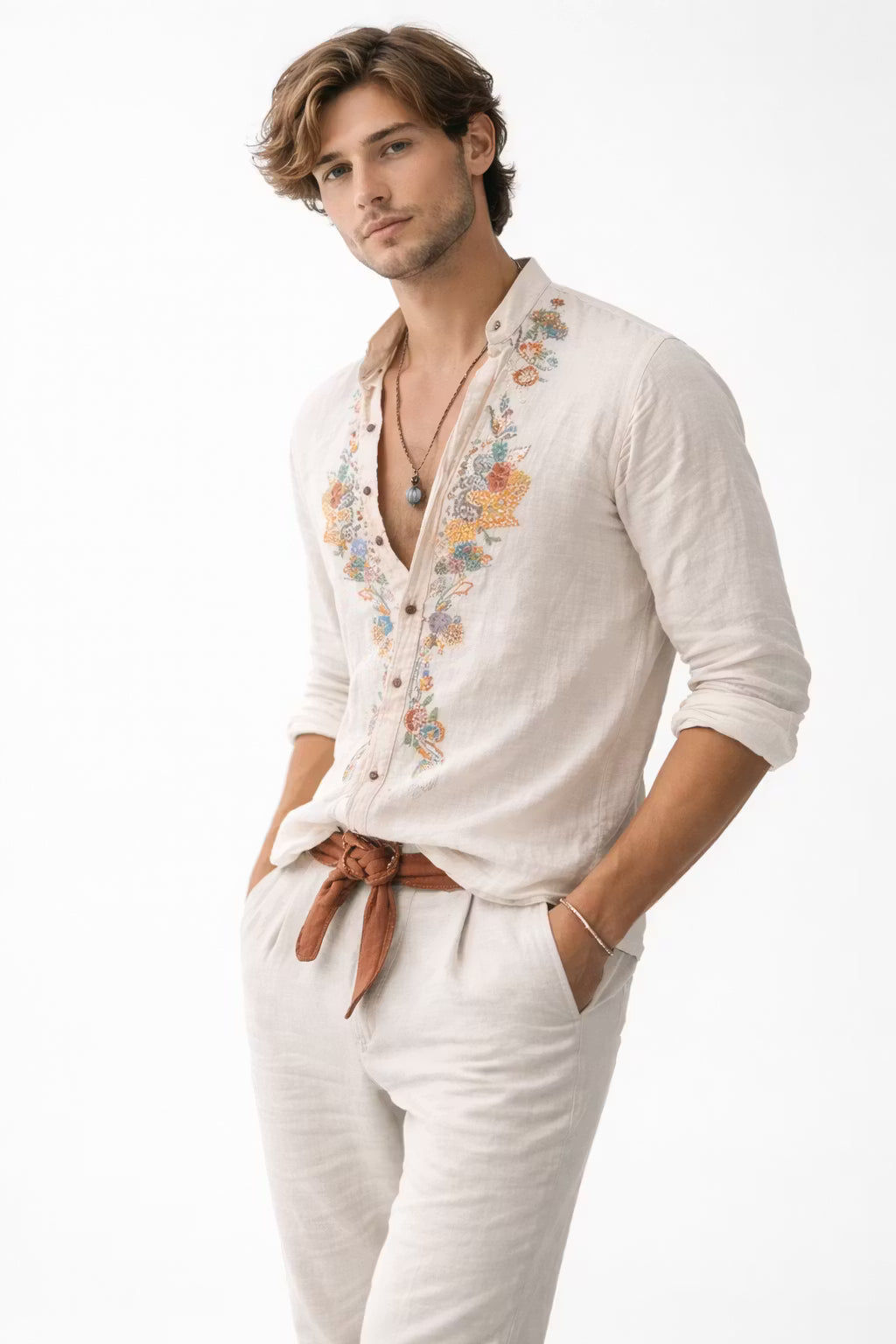 Stylish men's embroidered floral V-neck shirt, relaxed fit for summer vacations or everyday casual wear.