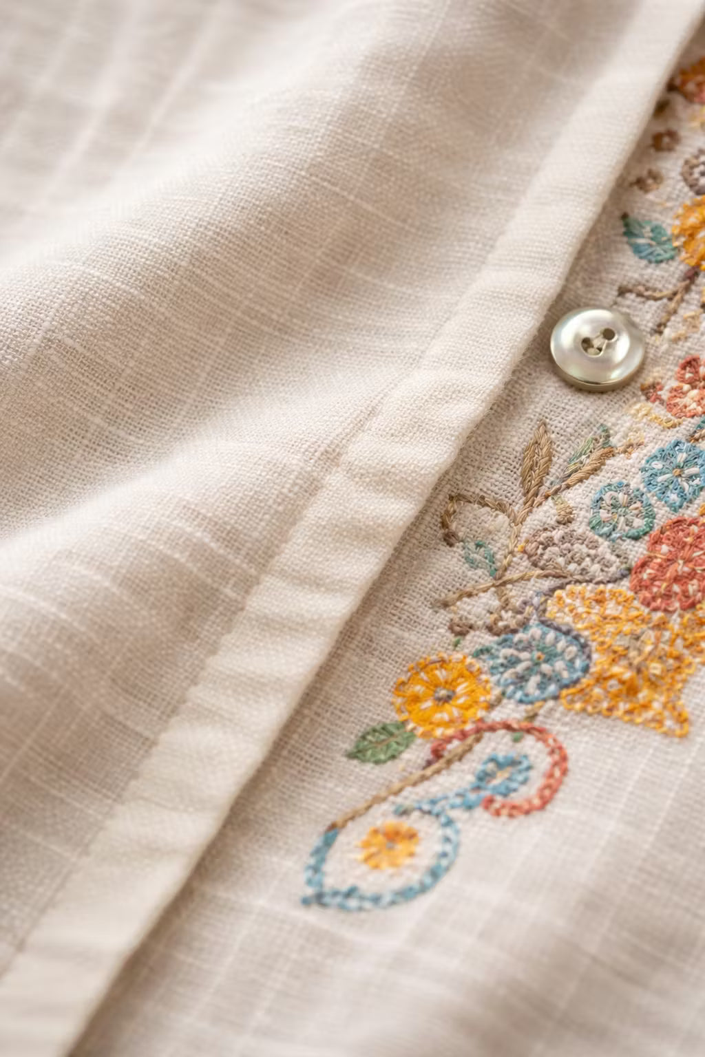 Men's V-neck shirt, relaxed fit, showcasing elegant floral embroidery. A stylish choice for casual spring fashion.