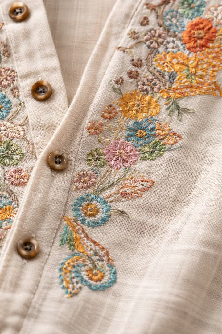 Comfortable men's relaxed fit V-neck shirt, with vibrant floral embroidery, versatile for everyday or vacation.
