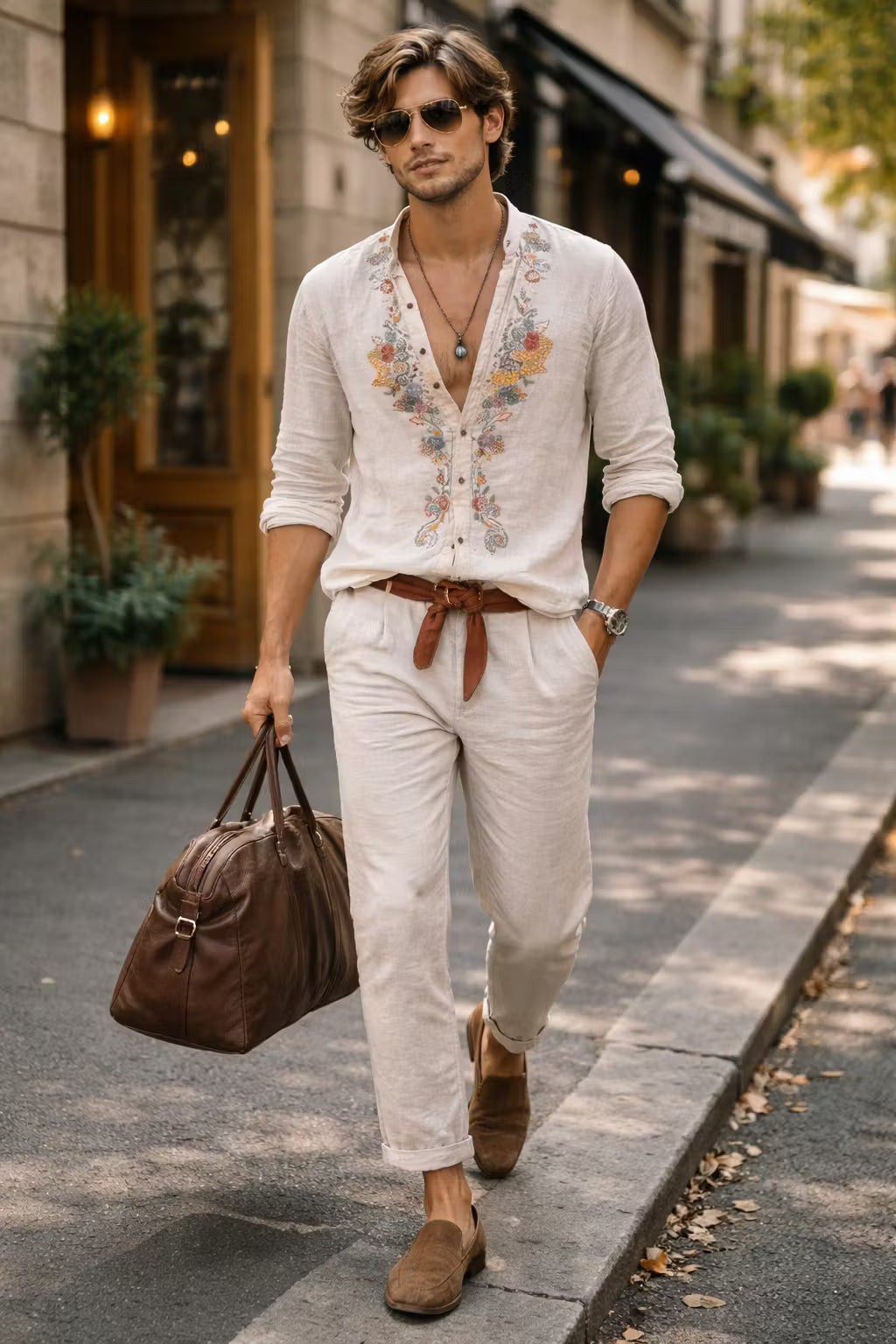 Casual men's V-neck shirt, featuring beautiful floral embroidery. Perfect relaxed fit for stylish spring and summer.