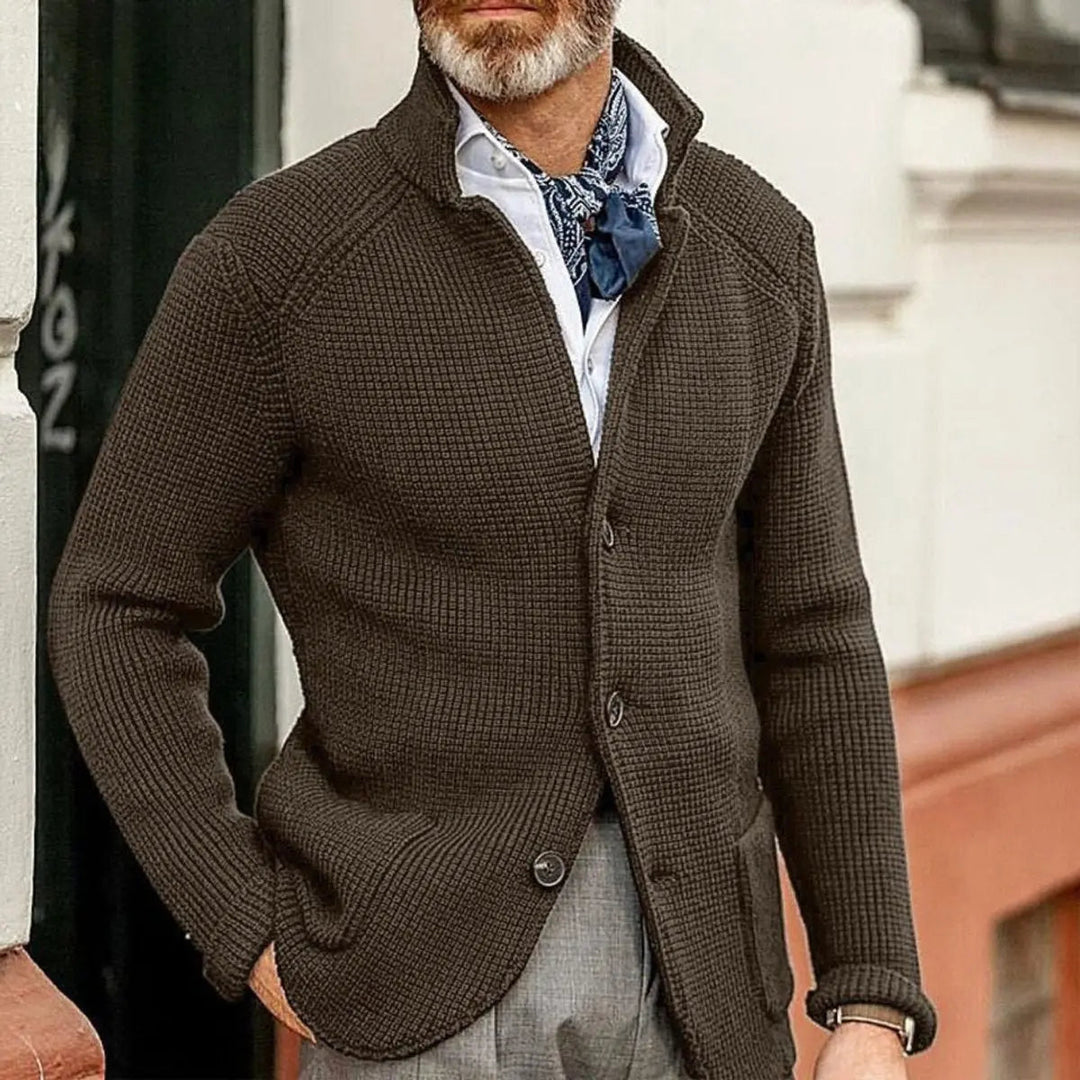 Versatile men's smart casual waffle knit cardigan. Stylish button-up jumper for layering & everyday wear.