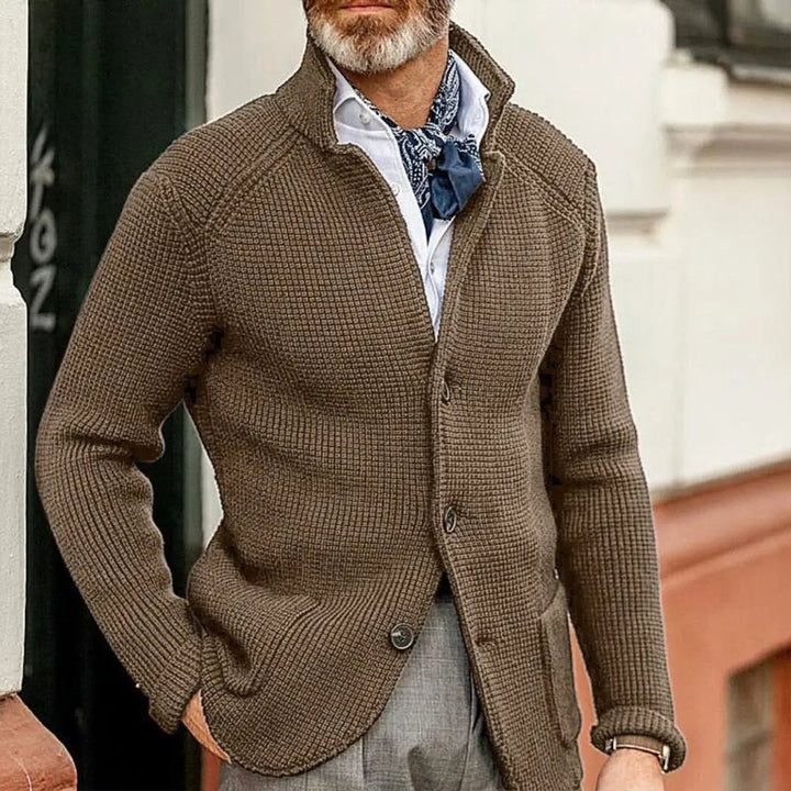 Comfortable men's waffle knit button-up jumper. Relaxed fit cardigan, perfect for smart casual or everyday style.