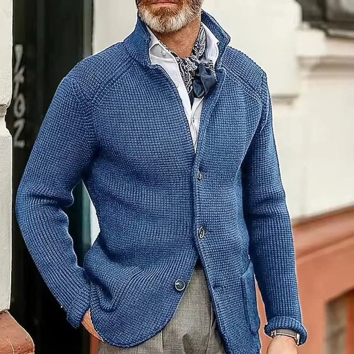 Men's waffle-knit button-up cardigan styled for a smart casual look. Relaxed fit jumper, perfect for layering.