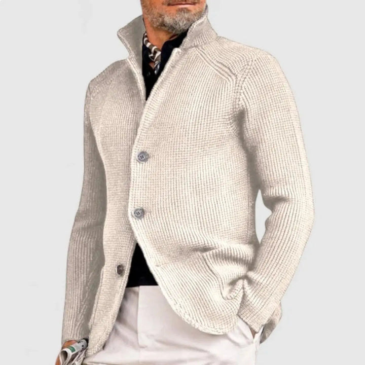 Men's stylish waffle-knit button-up cardigan jumper. Comfortable, versatile relaxed fit knitwear for any occasion.