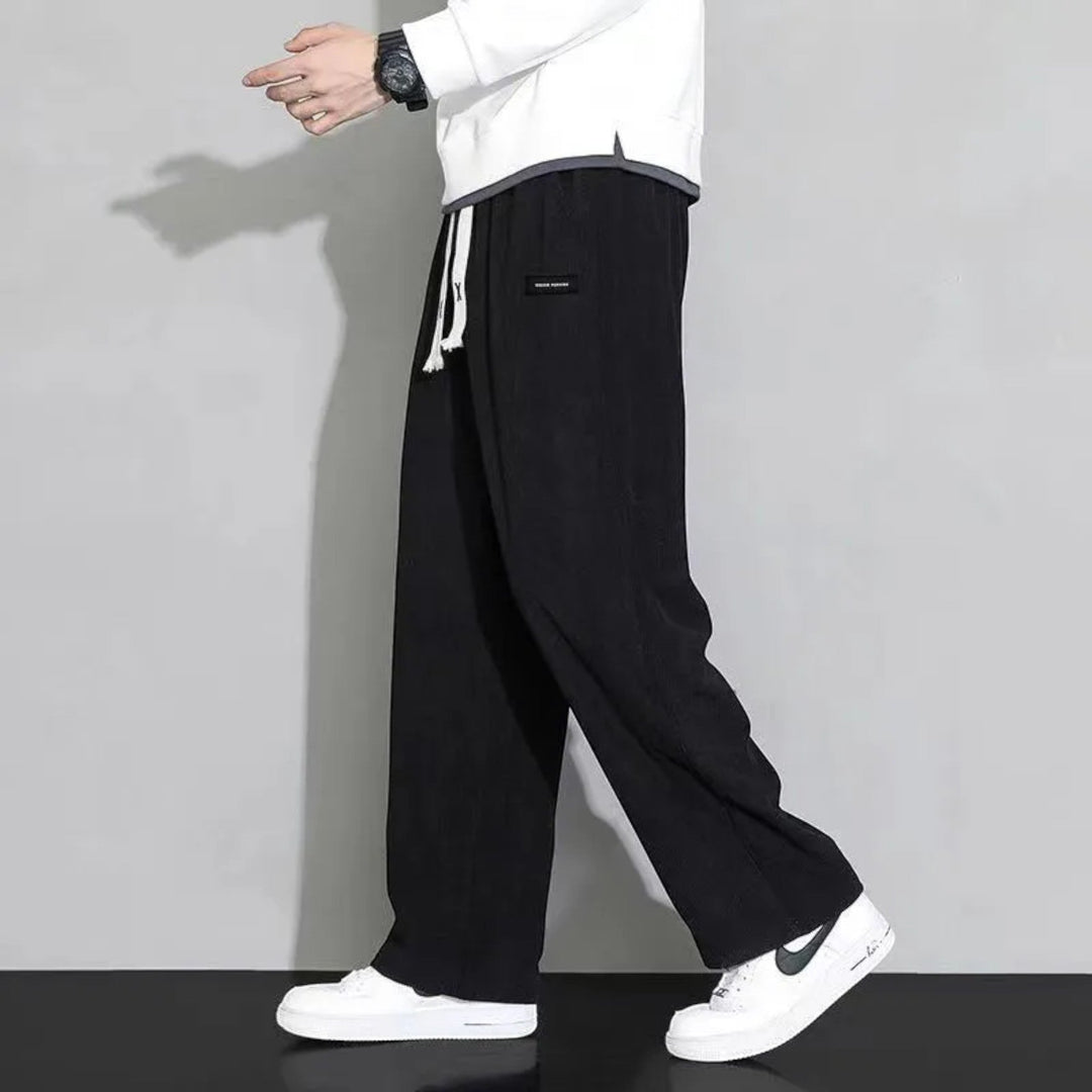 Dark gray men's wide leg sweatpants, relaxed fit loungewear with adjustable drawstring for ultimate comfort.