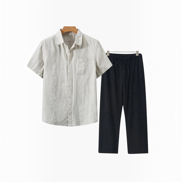 Men's relaxed matching shirt and shorts set, perfect for a casual and comfortable summer style.