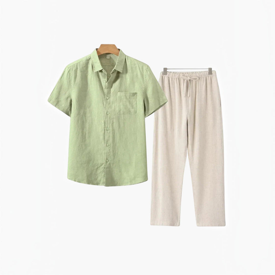 Stylish men's coordinated shirt and shorts set, ideal for beachwear, resort wear, and vacation outfits.