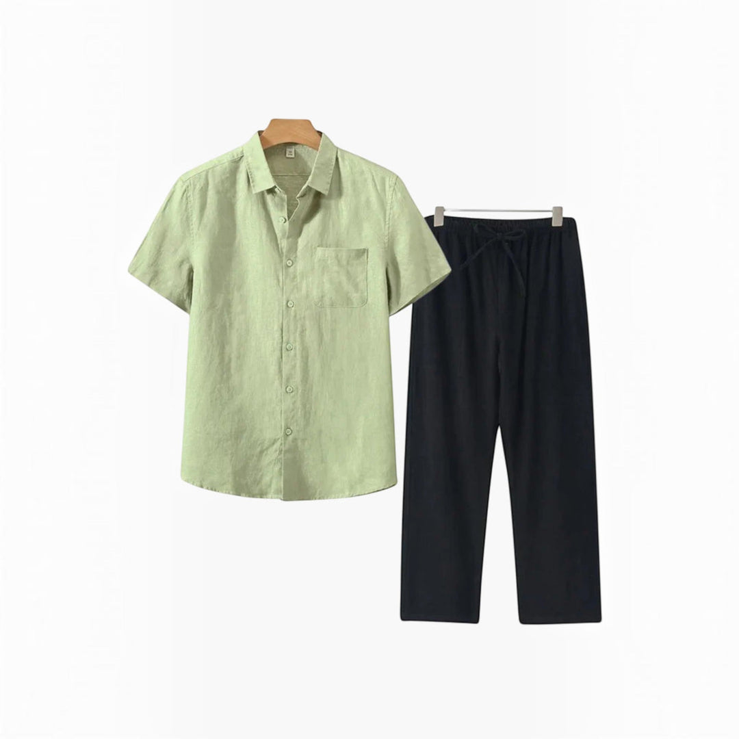 Lightweight men's two-piece outfit: a relaxed shirt and matching shorts, great for summer fashion.
