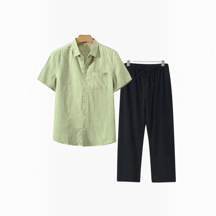 Lightweight men's two-piece outfit: a relaxed shirt and matching shorts, great for summer fashion.