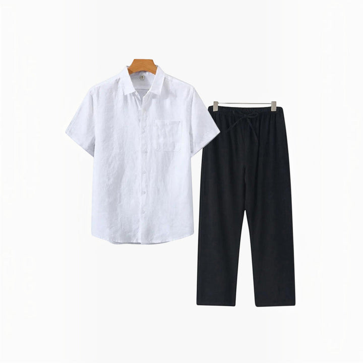 Close-up of men's lightweight matching shirt and shorts set fabric, showcasing its summer style.