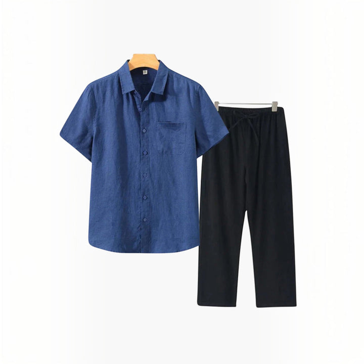 Stylish men's relaxed matching shirt and shorts set, a coordinated outfit for men's summer fashion.