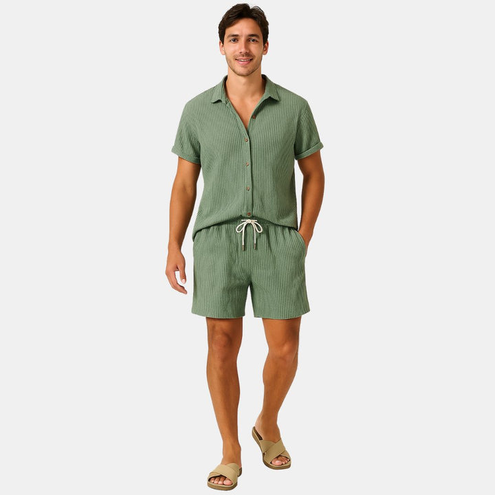 Comfortable men's loungewear set. Relaxed fit short sleeve shirt & pull-on shorts for casual everyday style.