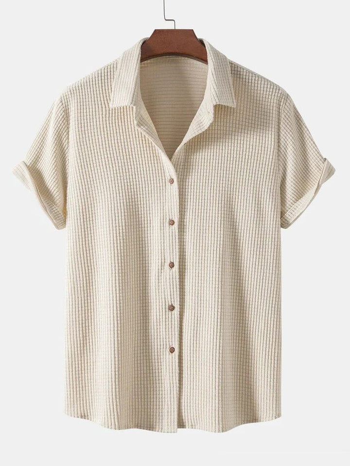 Men's casual summer outfit: short sleeve button-up shirt and elastic waist shorts set. Relaxed fit.