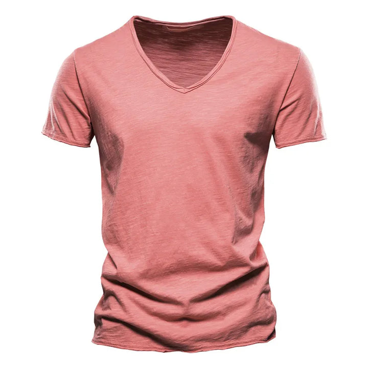 Stylish men's short sleeve V-neck shirt, perfect for comfortable & relaxed summer fashion.