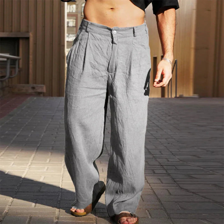 Flat lay image of Men's Relaxed Wide-Leg Chino Trousers, highlighting the clean lines and quality.