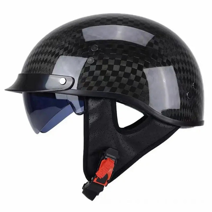 Sleek black carbon fiber half-face helmet, offering premium motorcycle protection