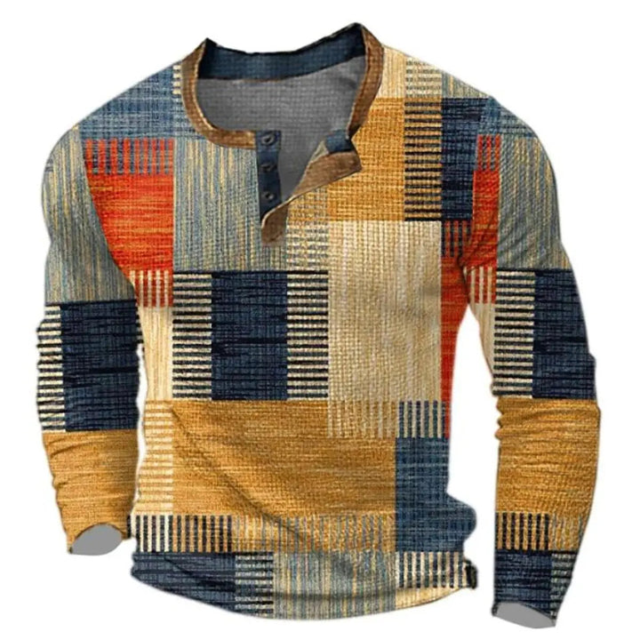 Men's retro color block long sleeve henley top, vintage style casual shirt with comfortable patchwork design.