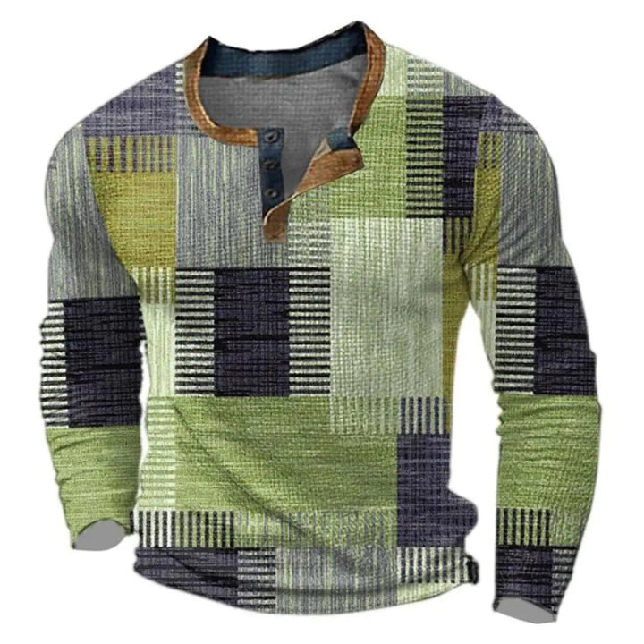 Stylish men's retro color block henley, long sleeve casual top perfect for everyday wear & layering.