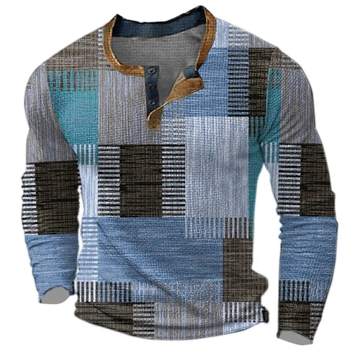 Comfortable men's vintage color block long sleeve henley shirt featuring a unique patchwork design.
