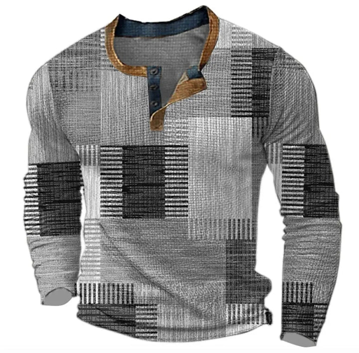 Men's retro color block long sleeve henley for a stylish vintage look. Casual & comfortable men's fashion.