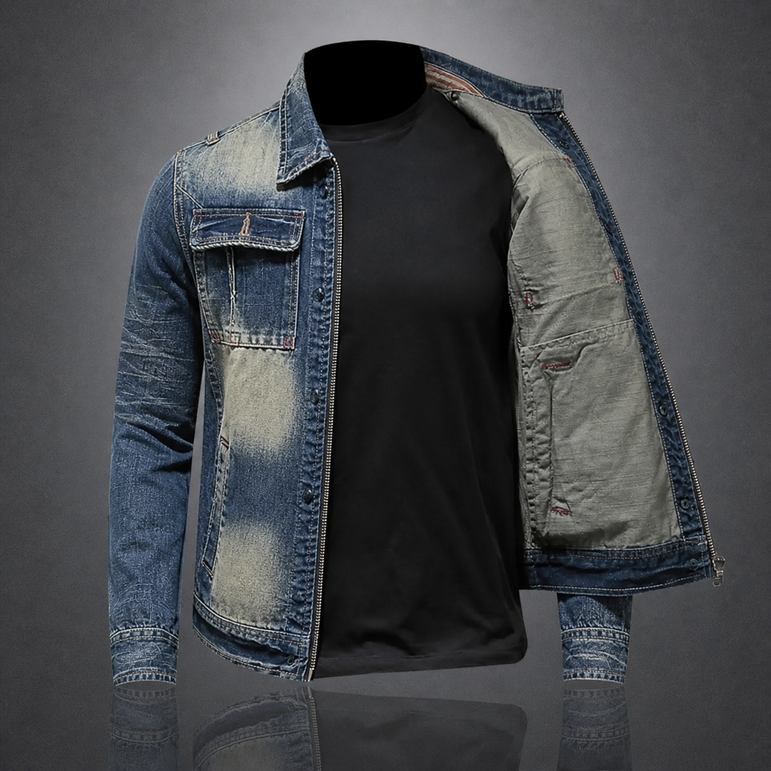 Men's retro denim jacket in vintage wash, perfect for casual everyday style and layering. Timeless outerwear.