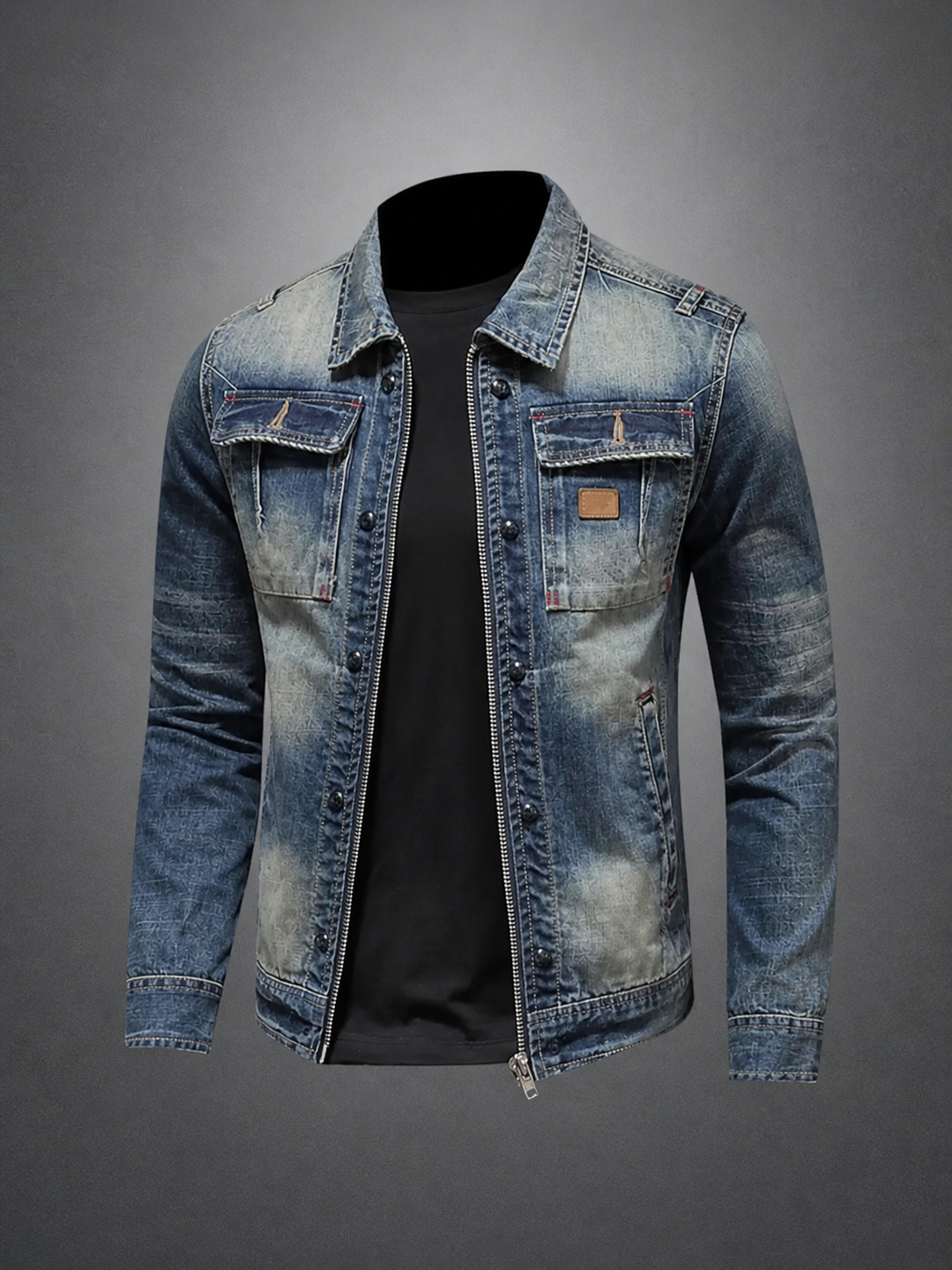 Versatile men's vintage style denim jacket with button-up front. Ideal retro fashion outerwear for casual wear.